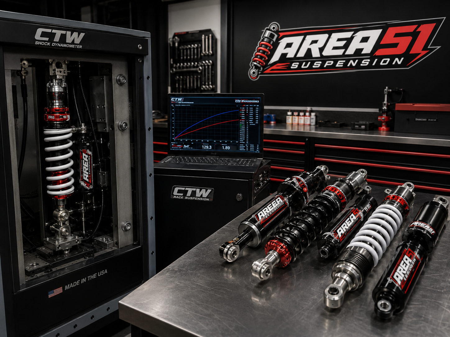 CTW dyno room with Area 51 Suspension shocks on the bench