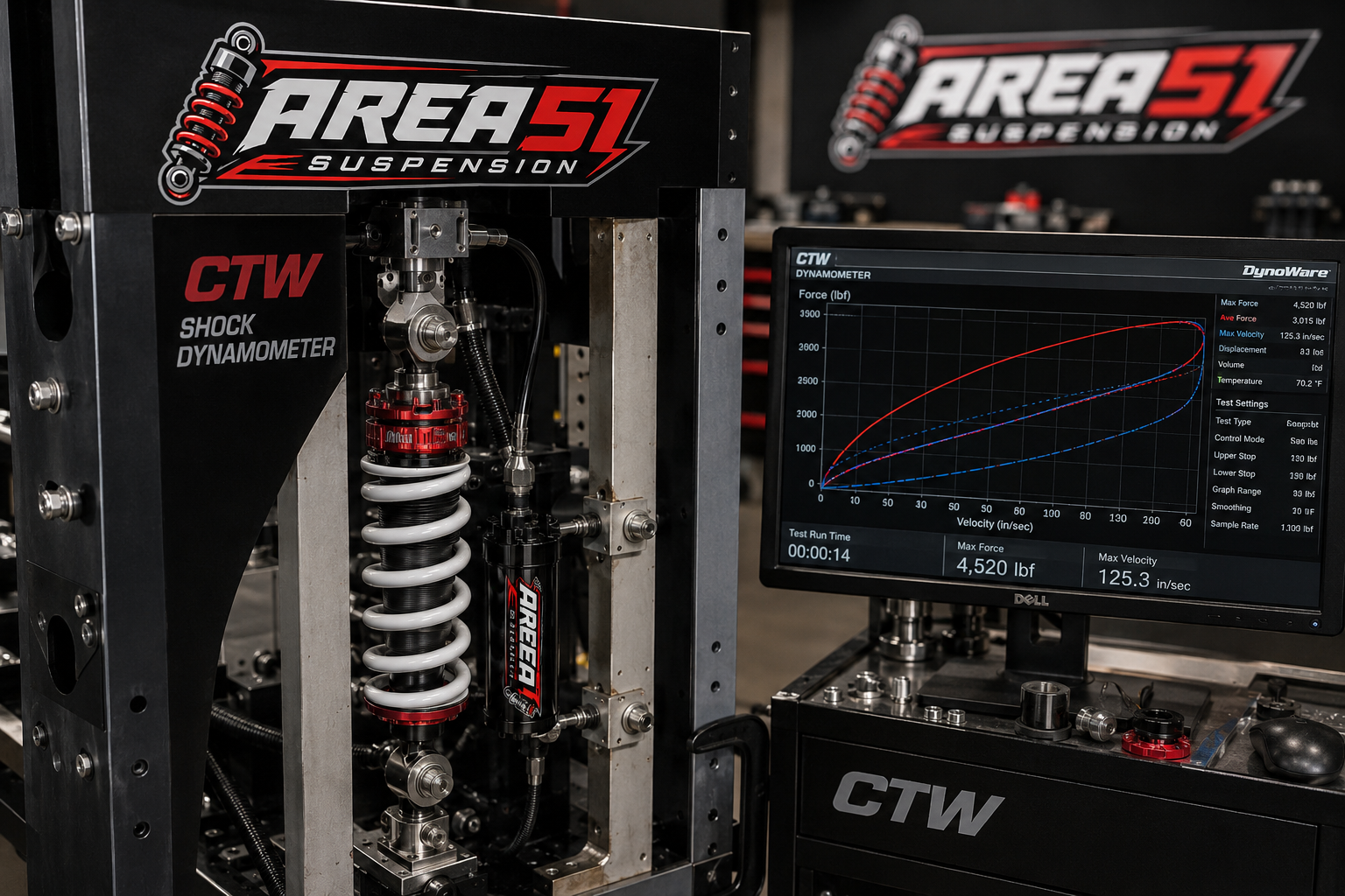 Closeup of CTW shock dynamometer and dyno graph display at Area 51 Suspension