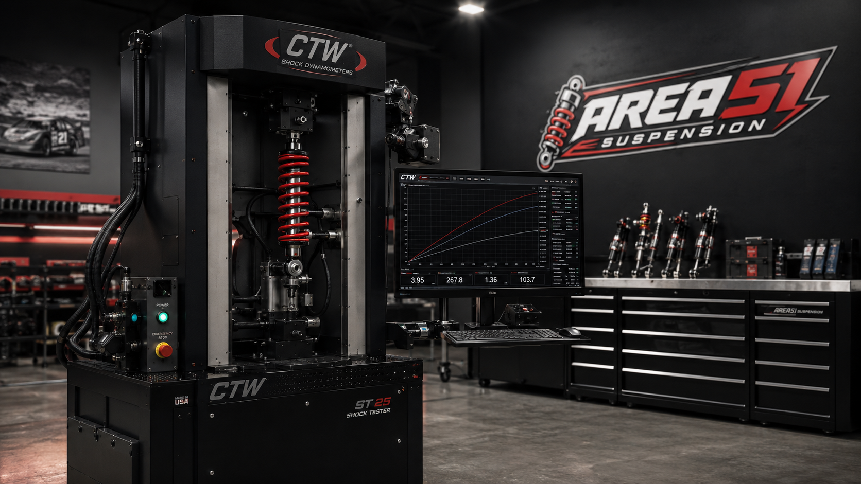 Area 51 Suspension CTW shock dyno in the shop
