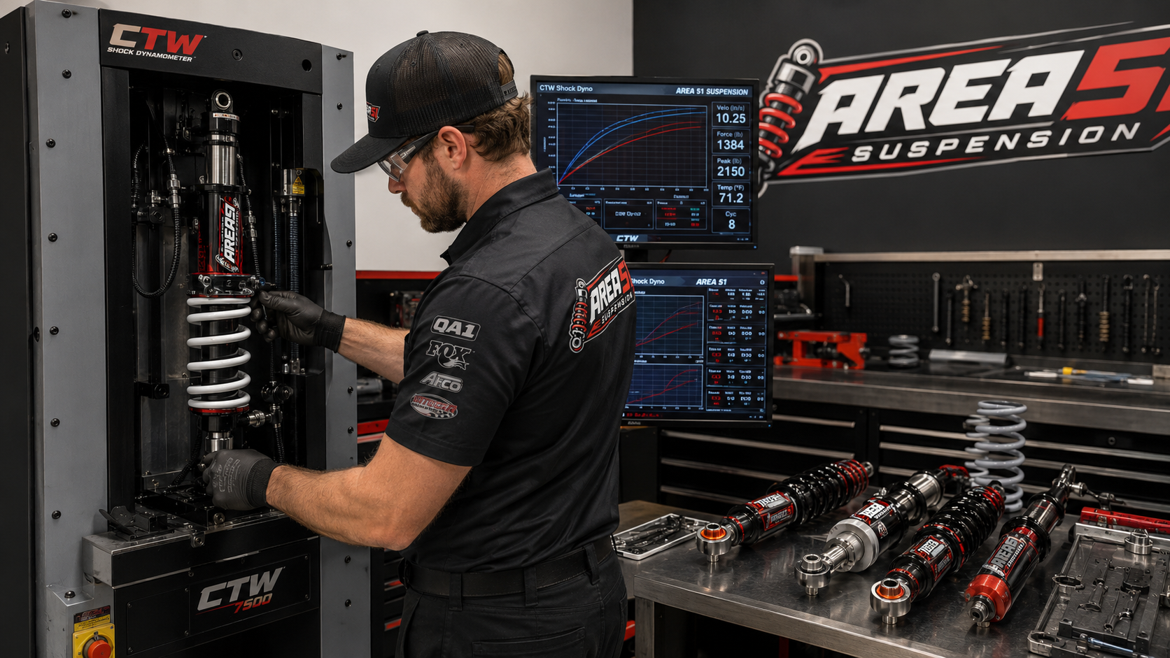 Area 51 Suspension technician running a CTW shock dyno